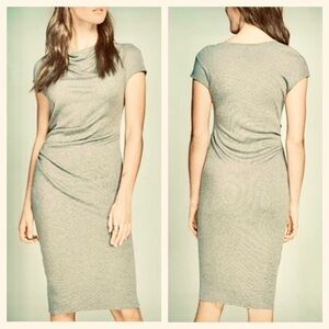 Obakki Fleur Light Grey Green Cowl Neck Ruched Waist Sleeveless Midi Dress Sz M